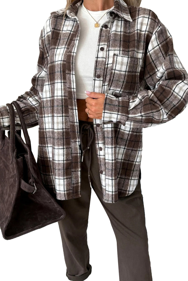 Dark Brown Flanel Plaid Single Chest Pocket Boyfriend Shacket