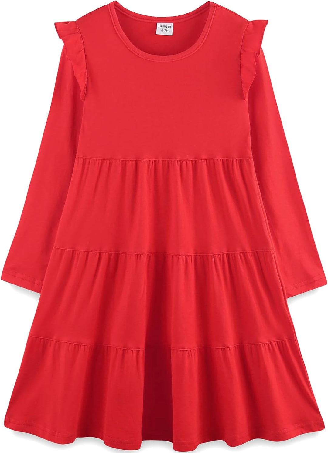 Girls Cotton Dress - Ruffle Sleeve Tiered A-Line Midi Sundress