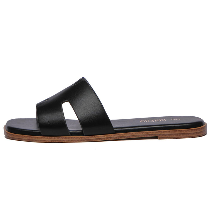 Women's Dressy Flat Sandals - Comfortable Slip On Leather Slide Sandals