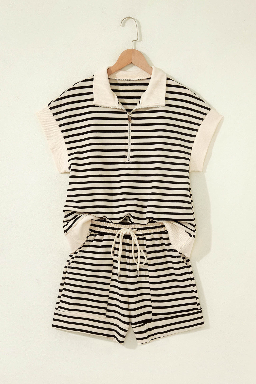 Black Stripe Ribbed Color Block Trim Zip Polo Tee Drawstring Shorts 2pcs Outfit
