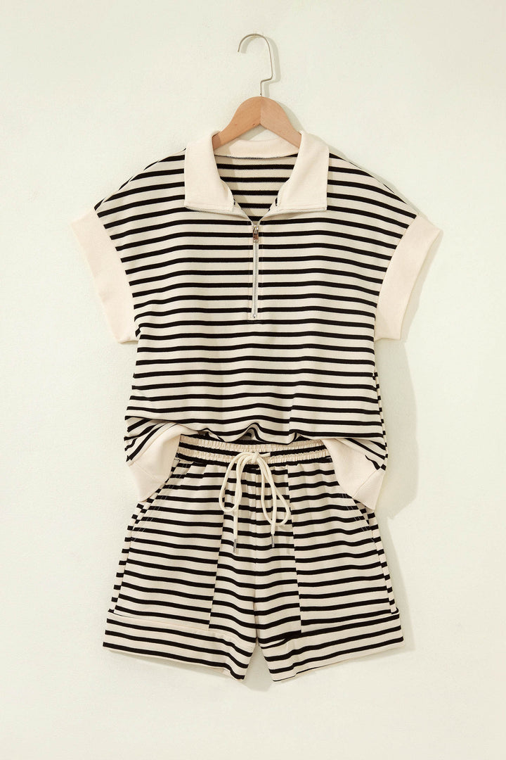 Black Stripe Ribbed Color Block Trim Zip Polo Tee Drawstring Shorts 2pcs Outfit