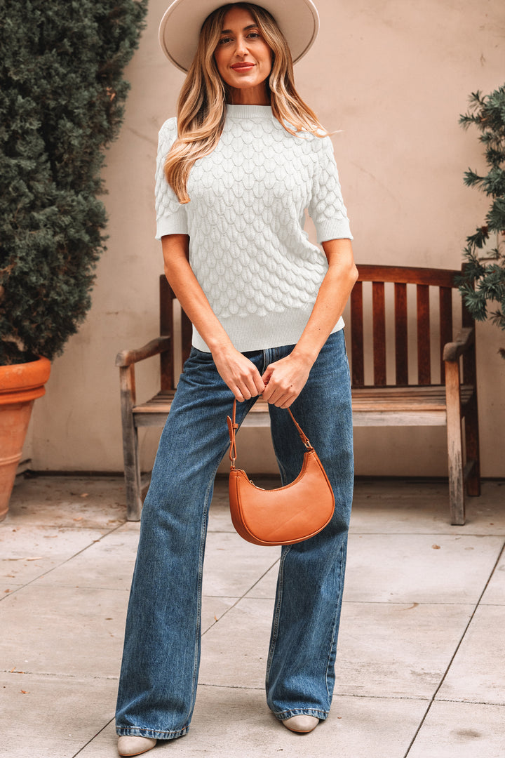 White Fish Scale Textured Knit Ribbed High Neck Short Sleeve Sweater