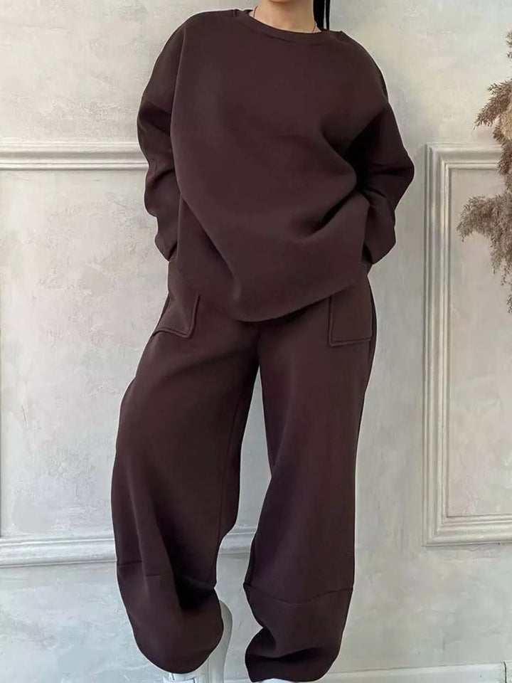 Full Size Oversized Round Neck Top and Pants Set Plus Size