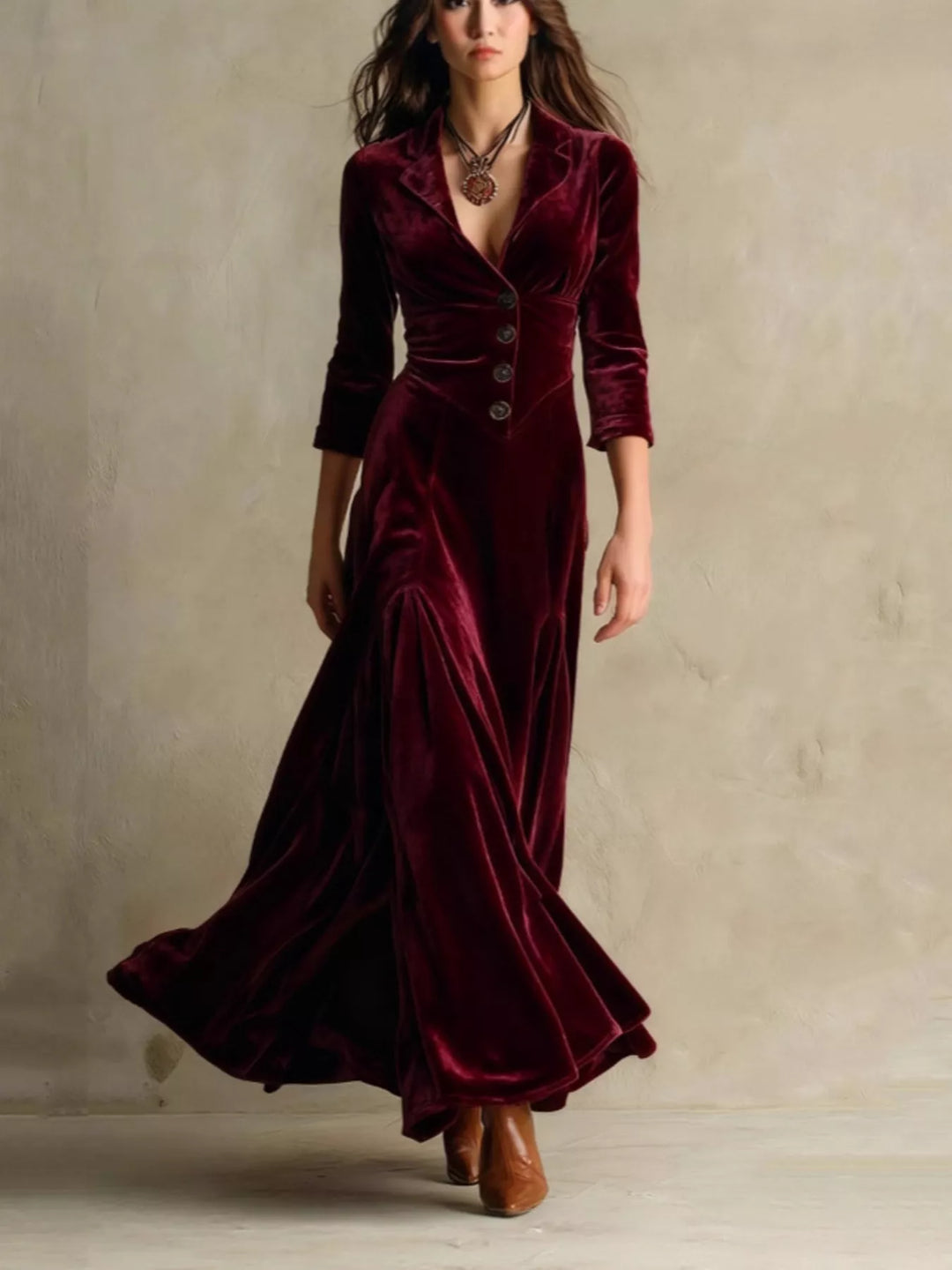 Velvet Button Front 3/4 Sleeve Maxi Dress