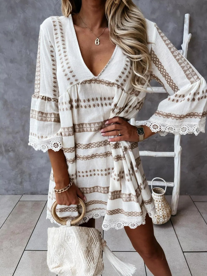 V-Neck Lace Trim Striped Babydoll Dress