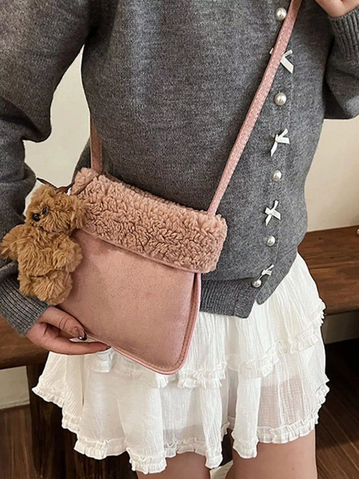 Teddy Bear Charm Plush Trim Crossbody Bag