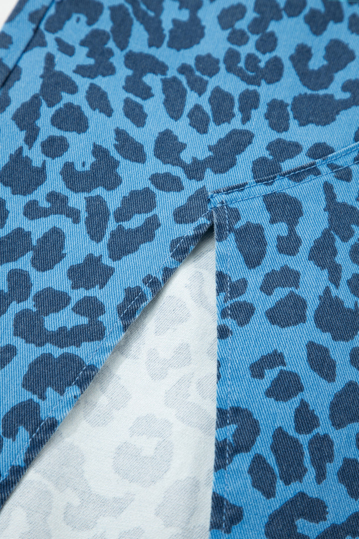 Sky Blue Leopard Denim Frayed Split Denim Midi Skirt