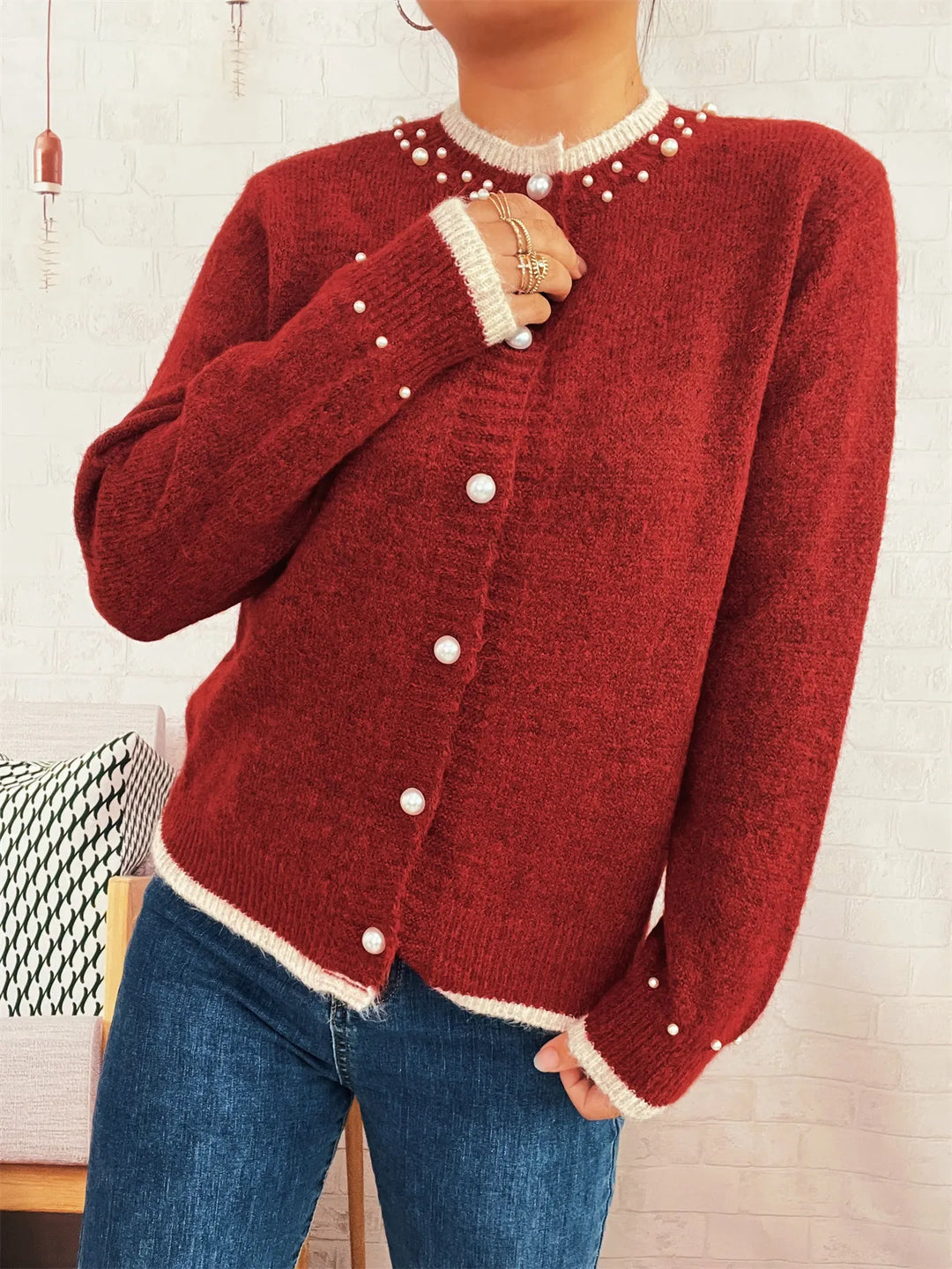 Pearl Embellished Button-Front Cardigan