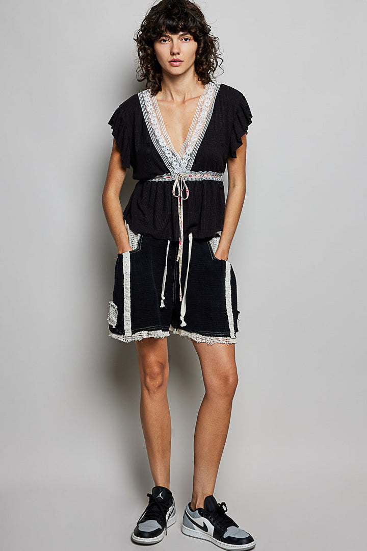 POL Tied Ruffled V-Neck Short Sleeve Blouse with Lace Detail