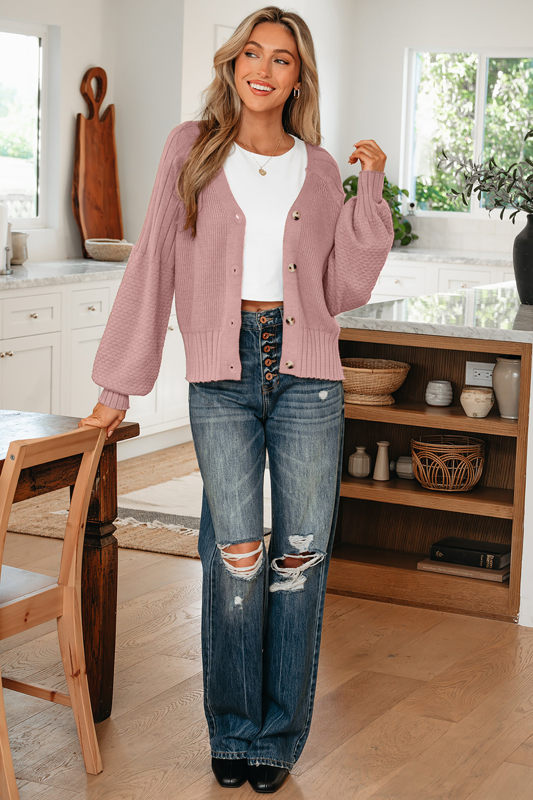 Light Pink Mixed Texture Knit Button V Neck Sweater Cardigan