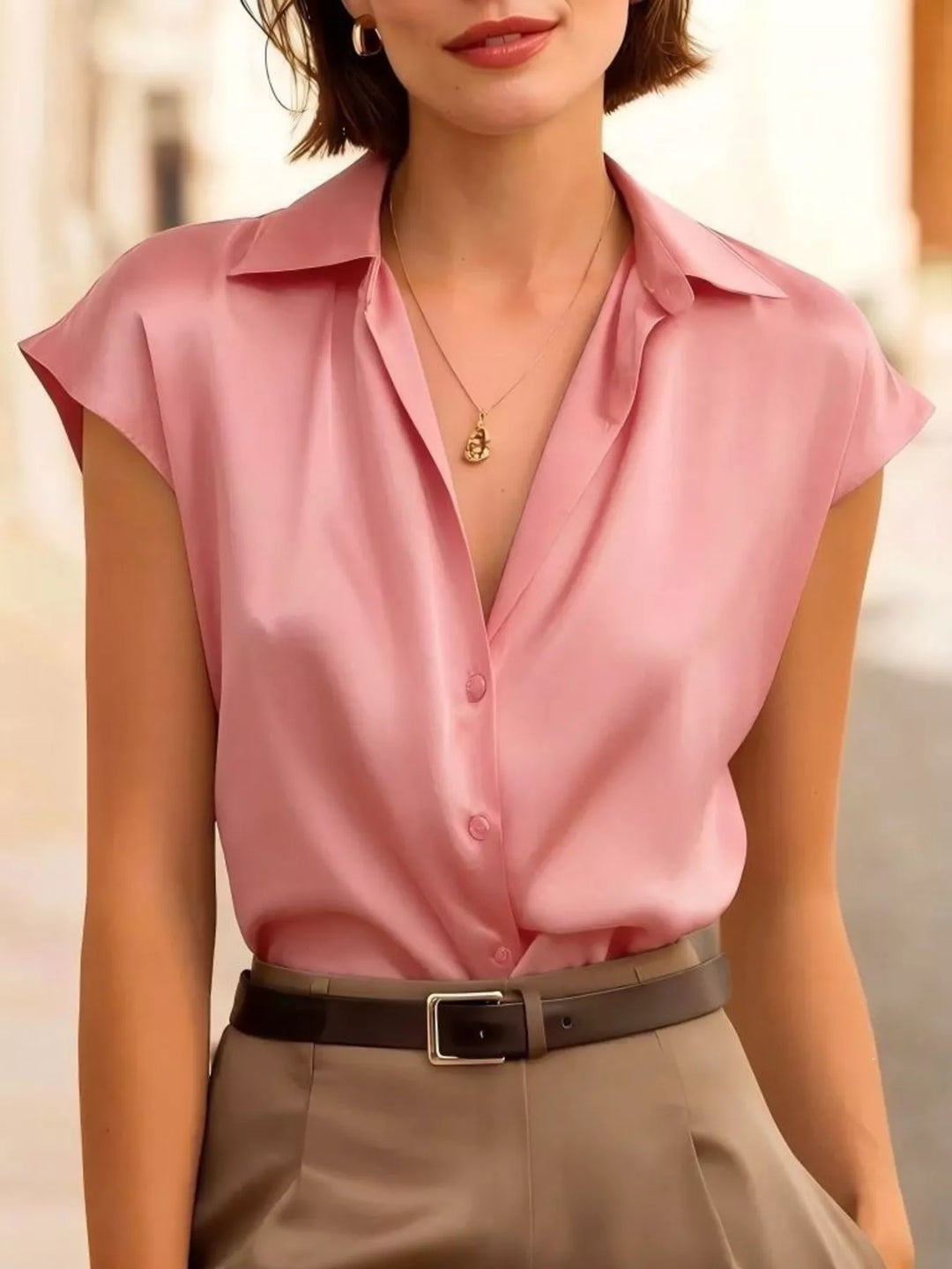 Full Size Button Up Cap Sleeve Shirt Plus Size