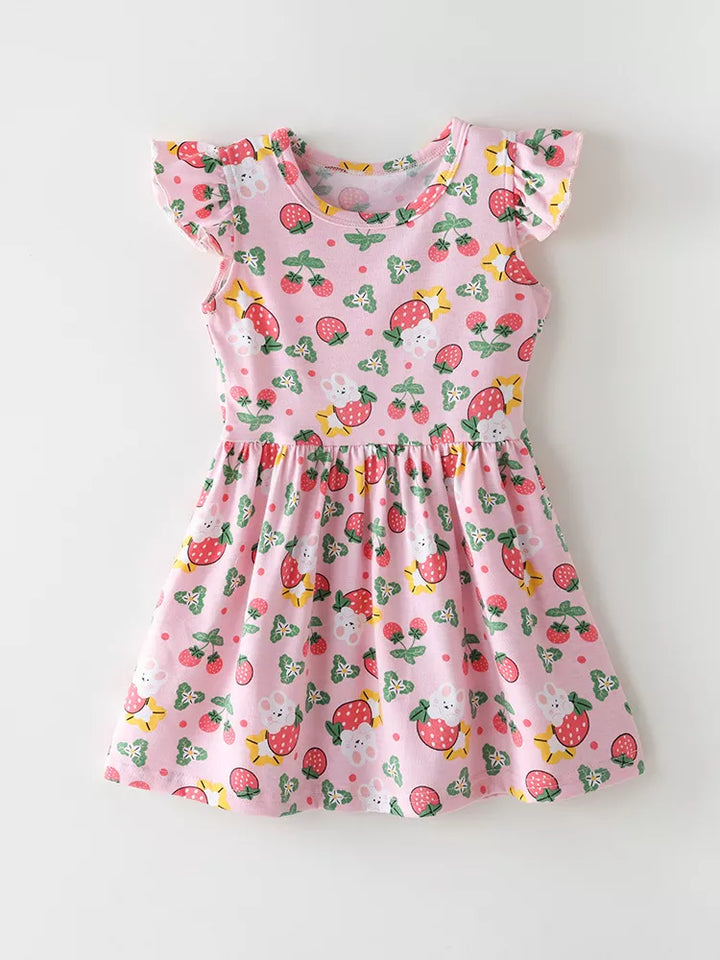 Children's Strawberry Print Ruffle Sleeve Dress