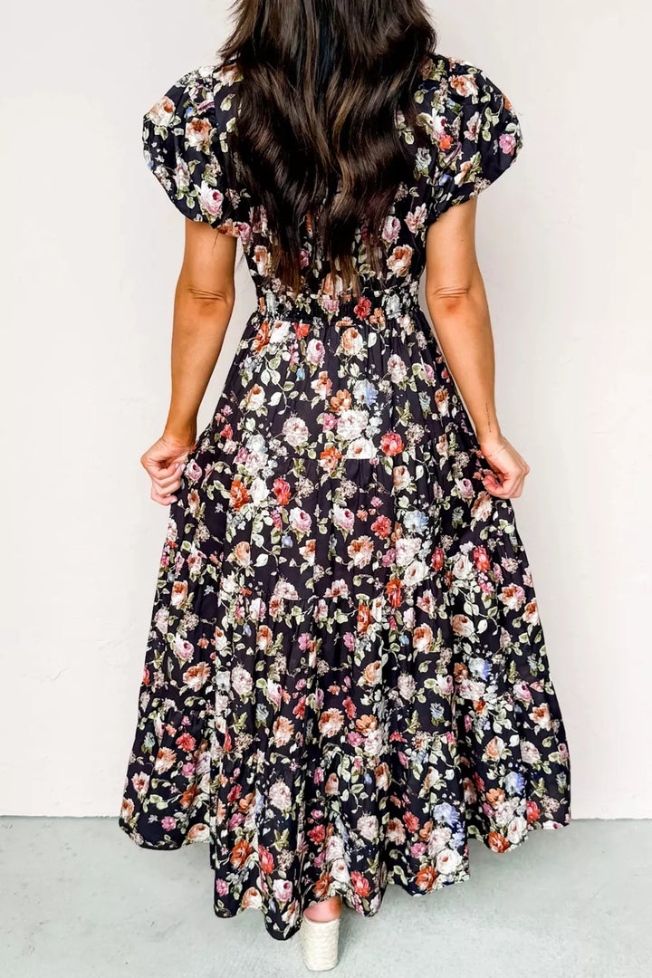Floral Print Smocked Waist Maxi Dress