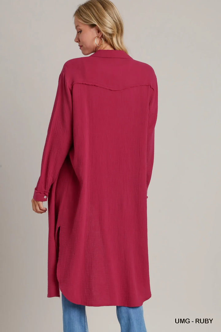 Umgee Cotton Gauze Button Down Shirt Dress