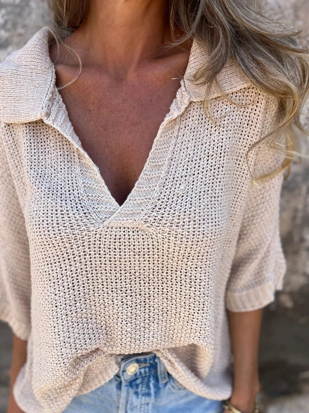 Full Size Johnny Collar Loose Knit Sweater Plus Size