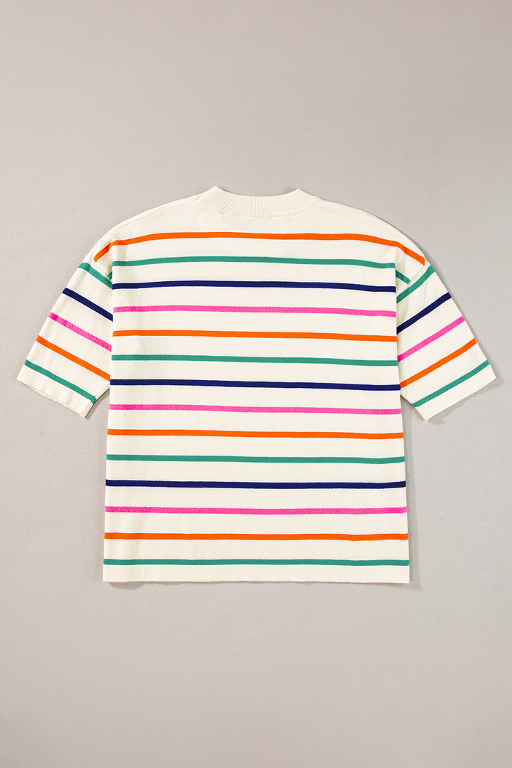 Beige Stripe Dropped Short Sleeve Boxy Fit Knitted Top