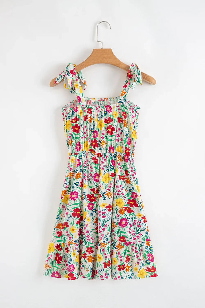 Floral Knotted Straps Cinched Waist Ruffle Hem Mini Dress