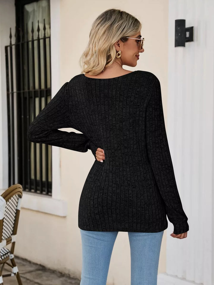 Ribbed Square Neck Long Sleeve T-Shirt