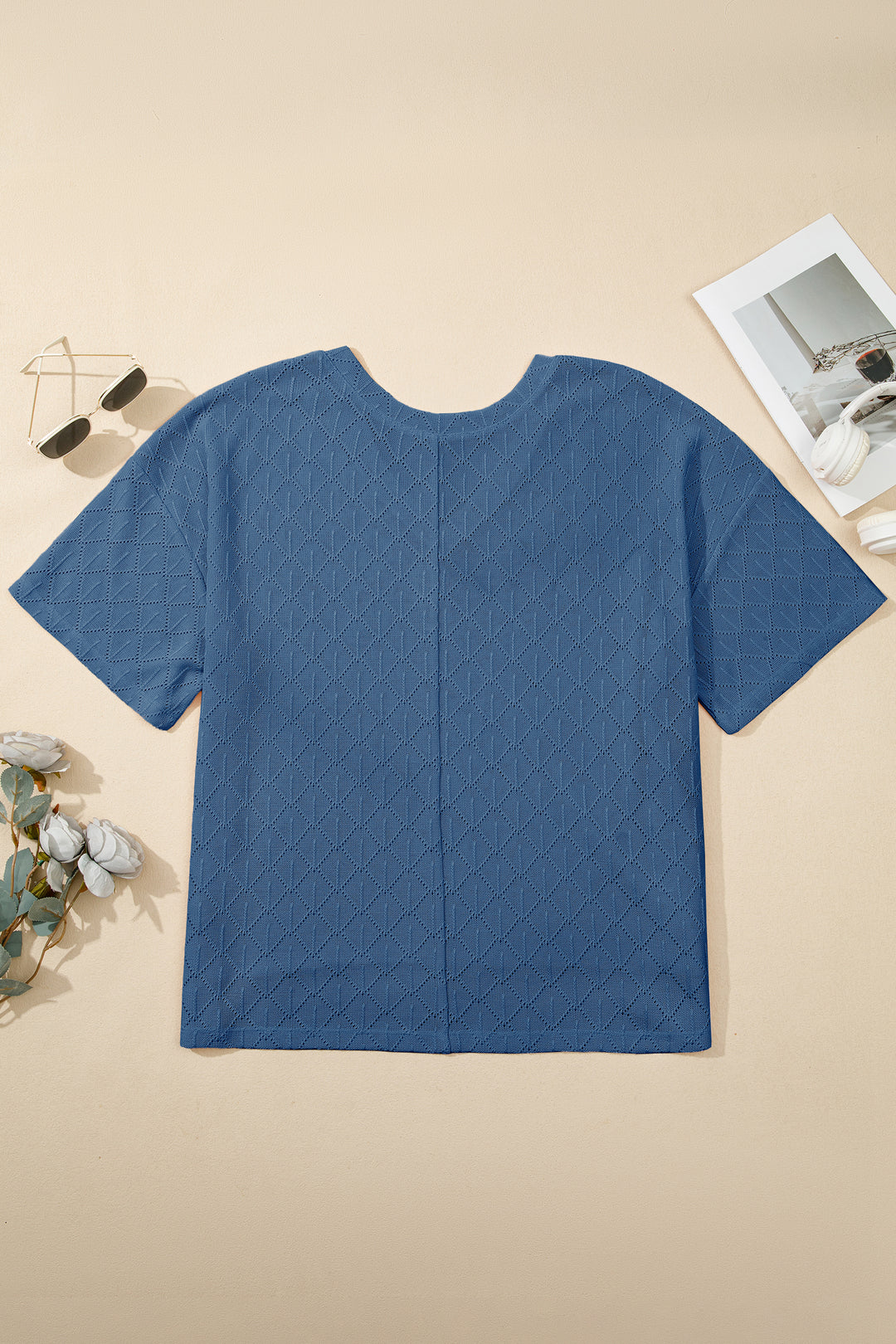 Sky Blue Pointelle Rhombus Knit Plus Size V Neck Loose Top