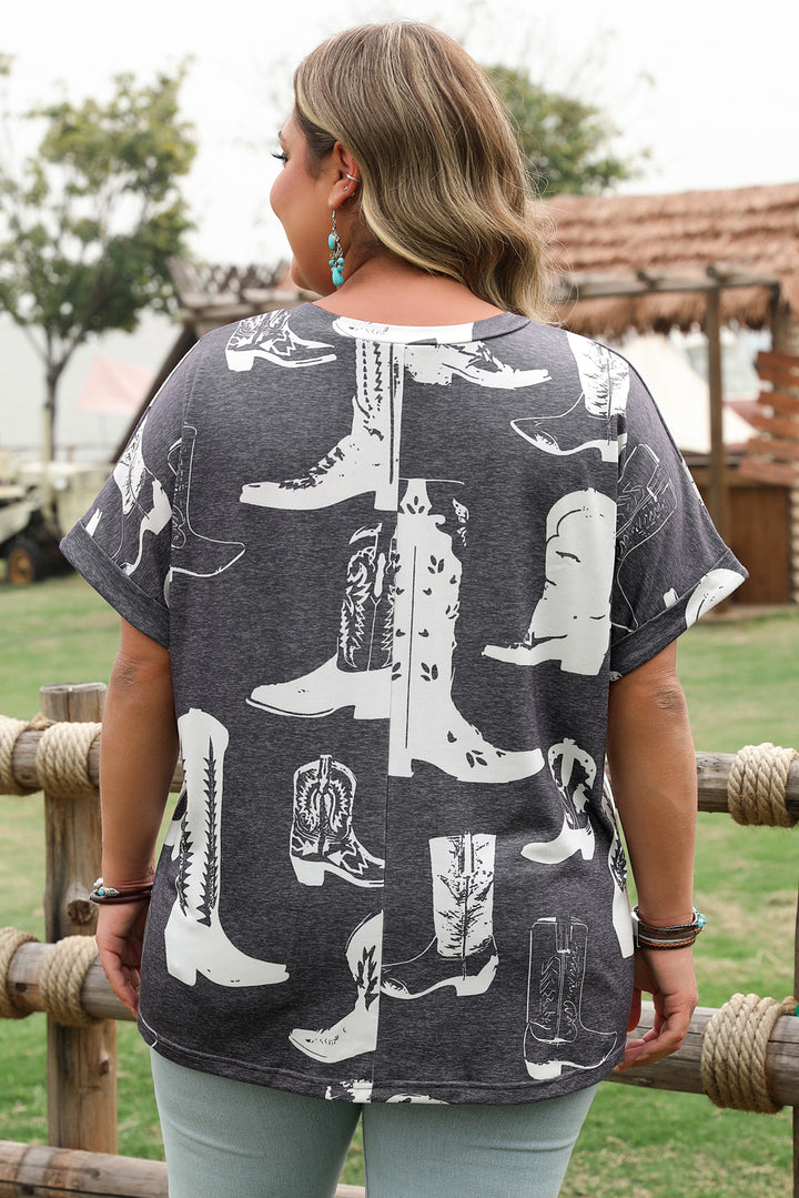 T-shirt ras du cou gris grande taille à imprimé bottes western