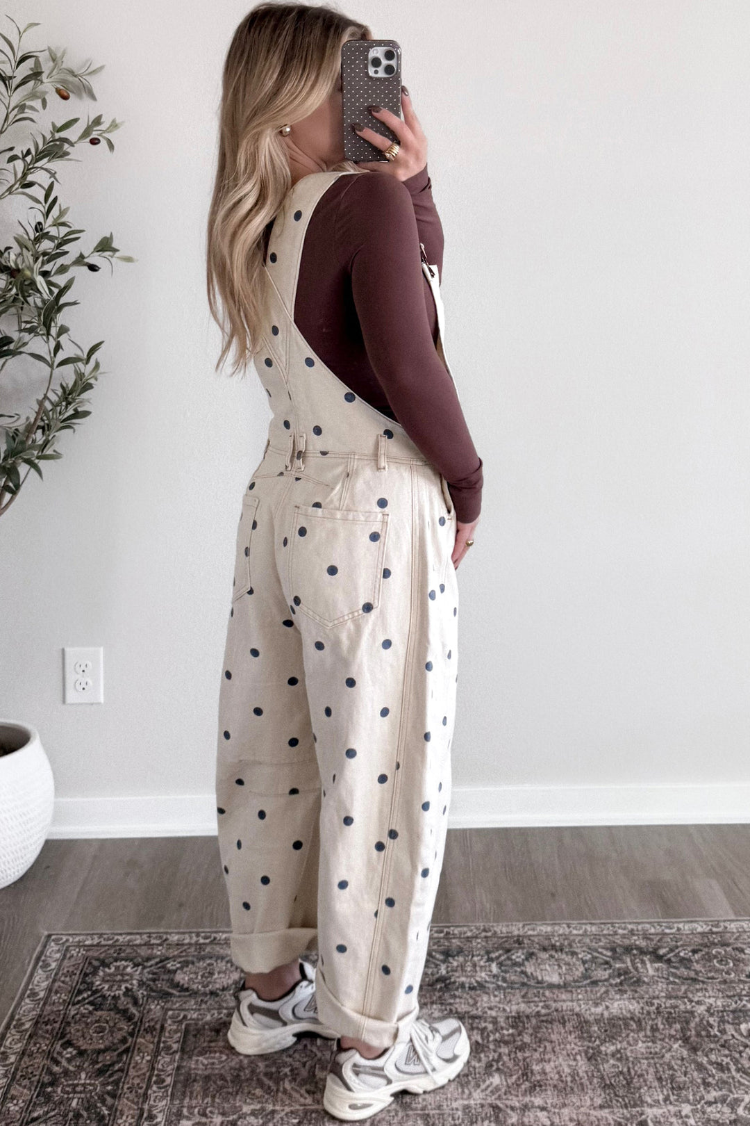 Phalaenopsis Polka Dot Print Bib Pocket Denim Barrel Overalls Jumpsuit