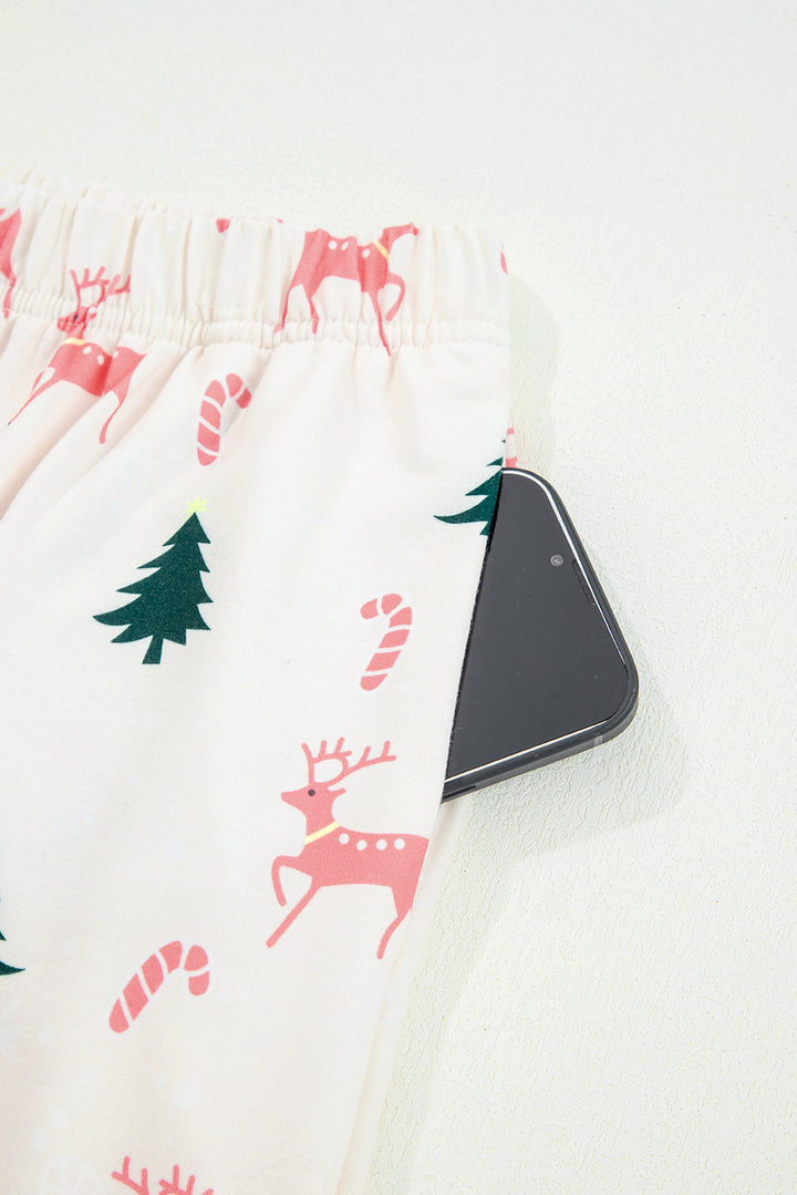 Pink Bow Christmas Tree Print Contrast Striped Banding 2pcs Lounge Set