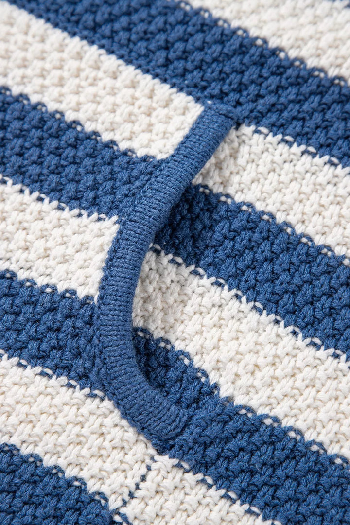 Stripe V Neck Pocketed Drawstring Hooded Sweater