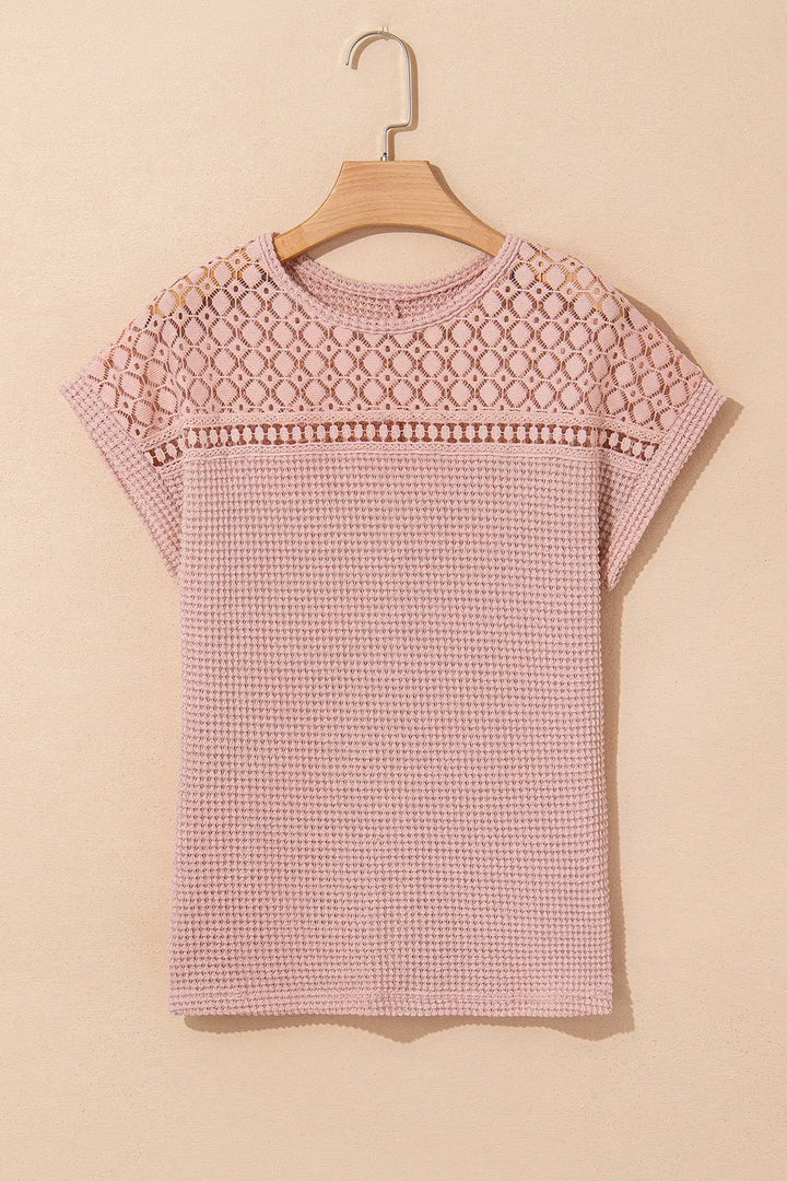 Lace Patchwork Waffle Short Sleeve Knit Top