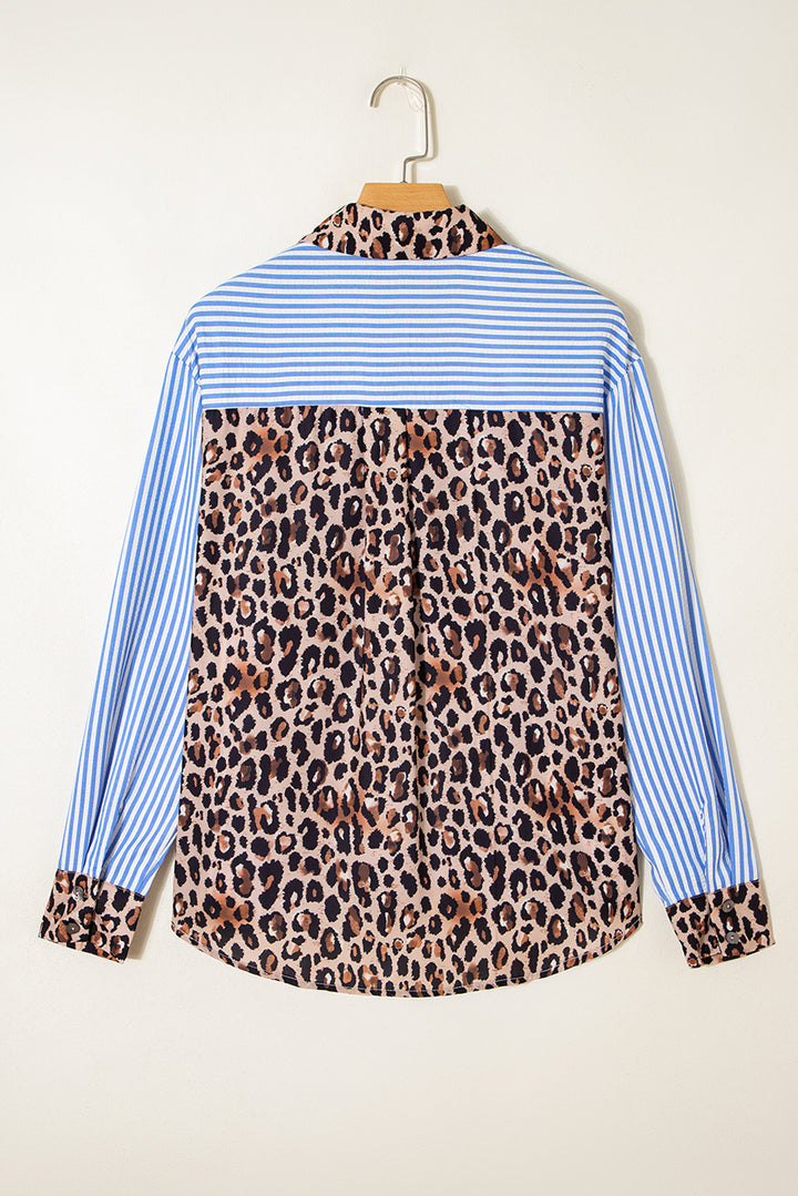 Sky Blue Striped Leopard Print Patchwork Button Up Womens Shirt