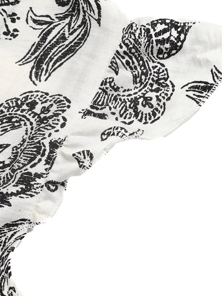 Printed Notched Ruffle Sleeve Maxi Dress