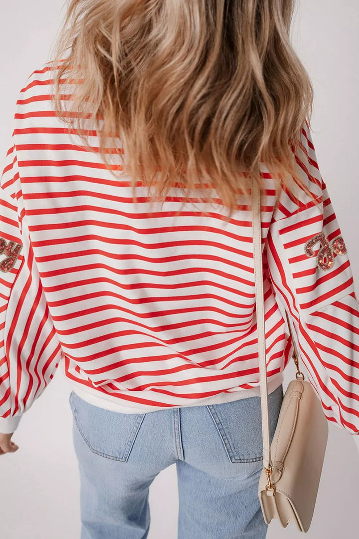Stripe Sequined Joy Pattern Patchwork Sleeve Round Neck Sweatshirt