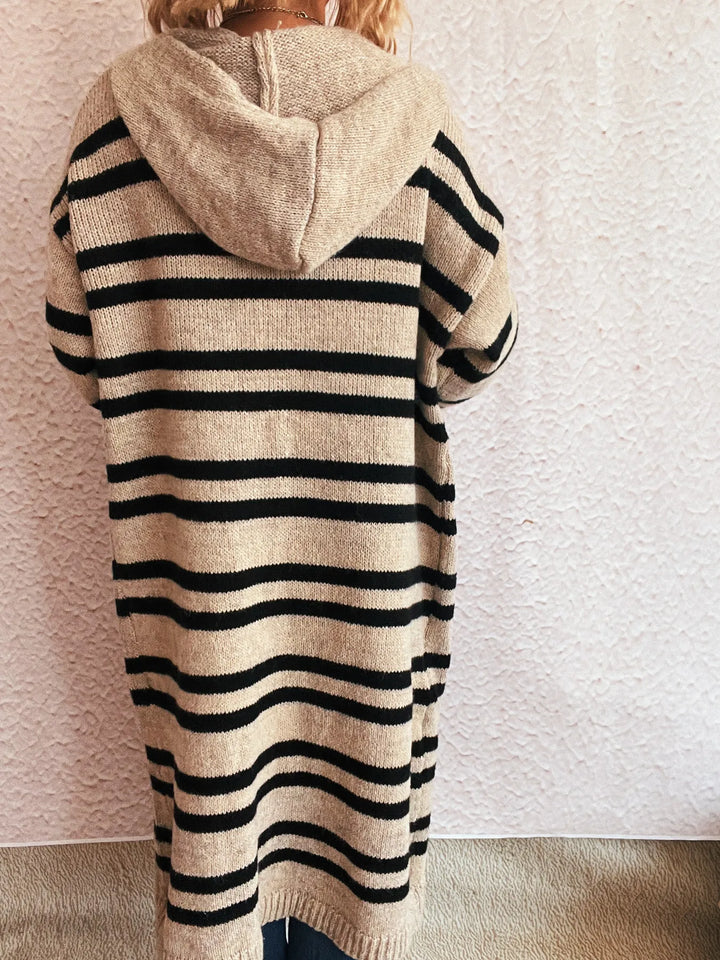 Striped Open Front Hooded Cardigan