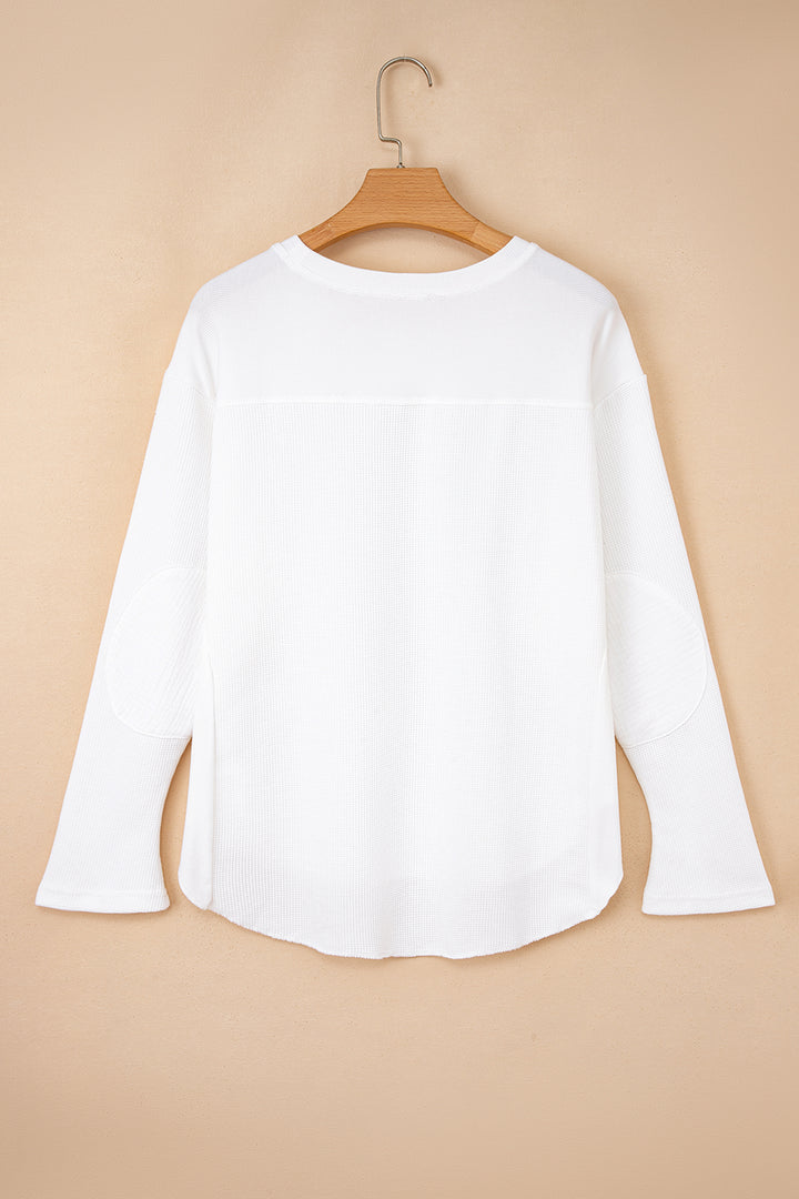 White Solid Color Waffle Ribbed Patchwork Dolman Sleeve Oversize Knit Top