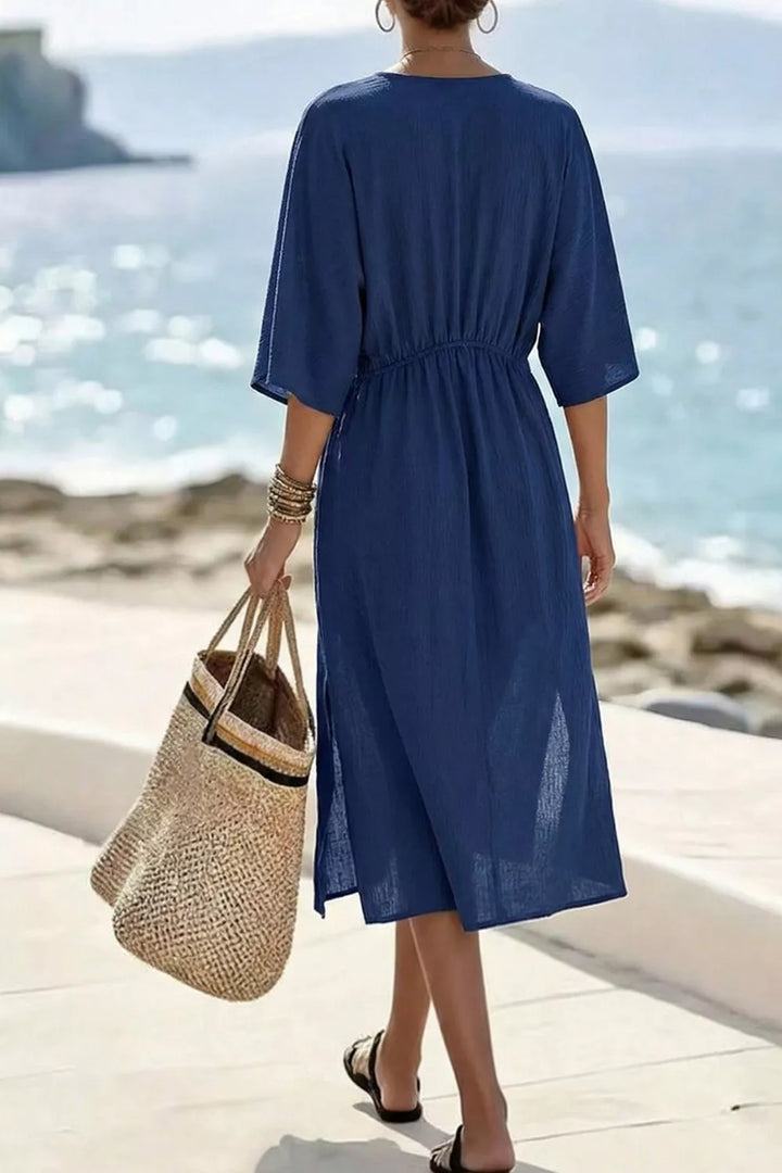 Frill V-Neck Half Sleeve Midi Dress