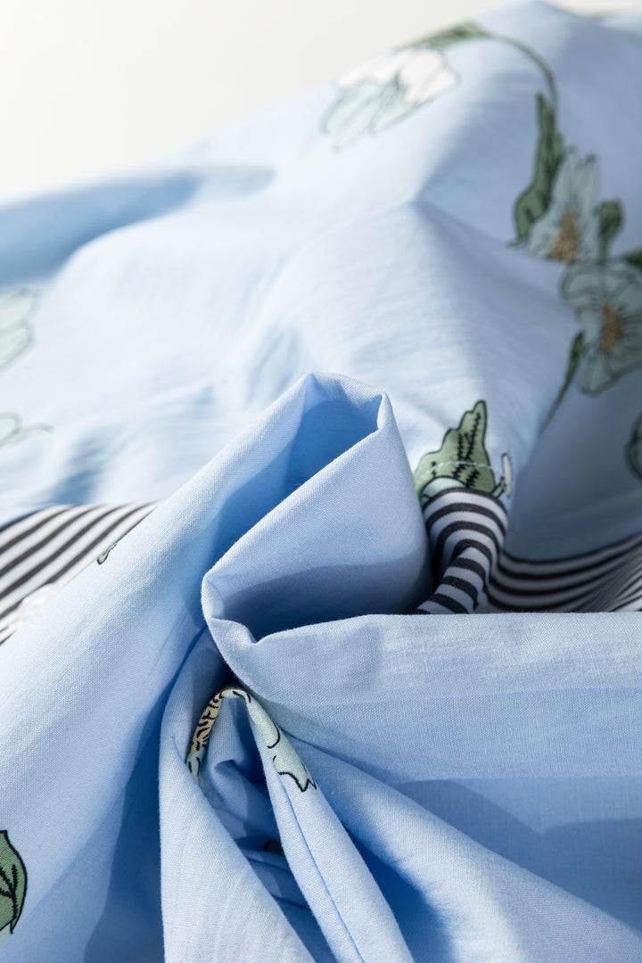 Sky Blue Floral Print Contrast Striped Trim Ruffled V Neck Fall Blouse