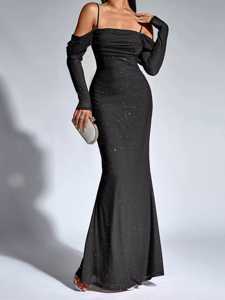 Glitter Ruched Long Sleeve Mermaid Maxi Dress