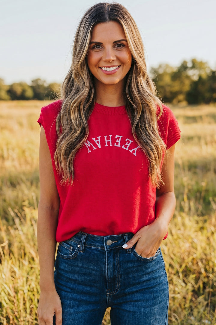 Fiery Red YEEHAW Embroidered Letter Loose Short Sleeve Sweater