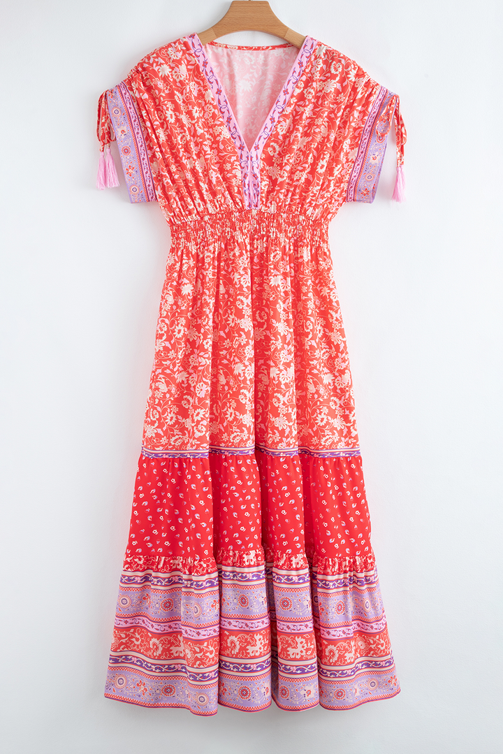 Red Floral Print Tasseled Tied Sleeve Empire Waist Maxi Dress