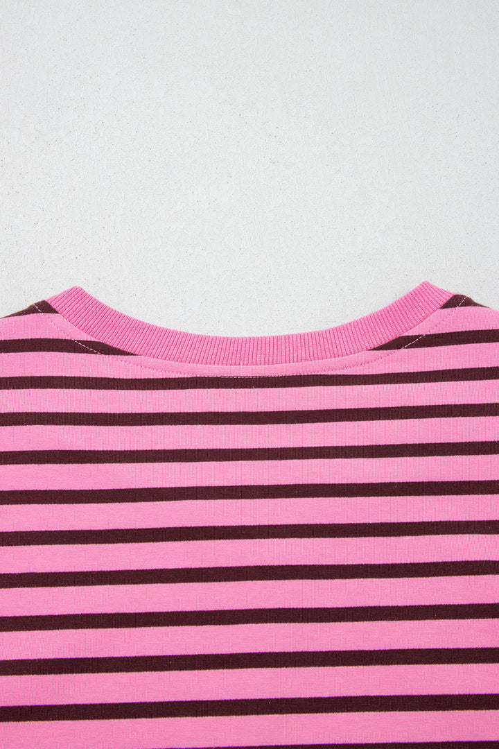 Pink Stripe V Neck Drop Shoulder Long Sleeve Top