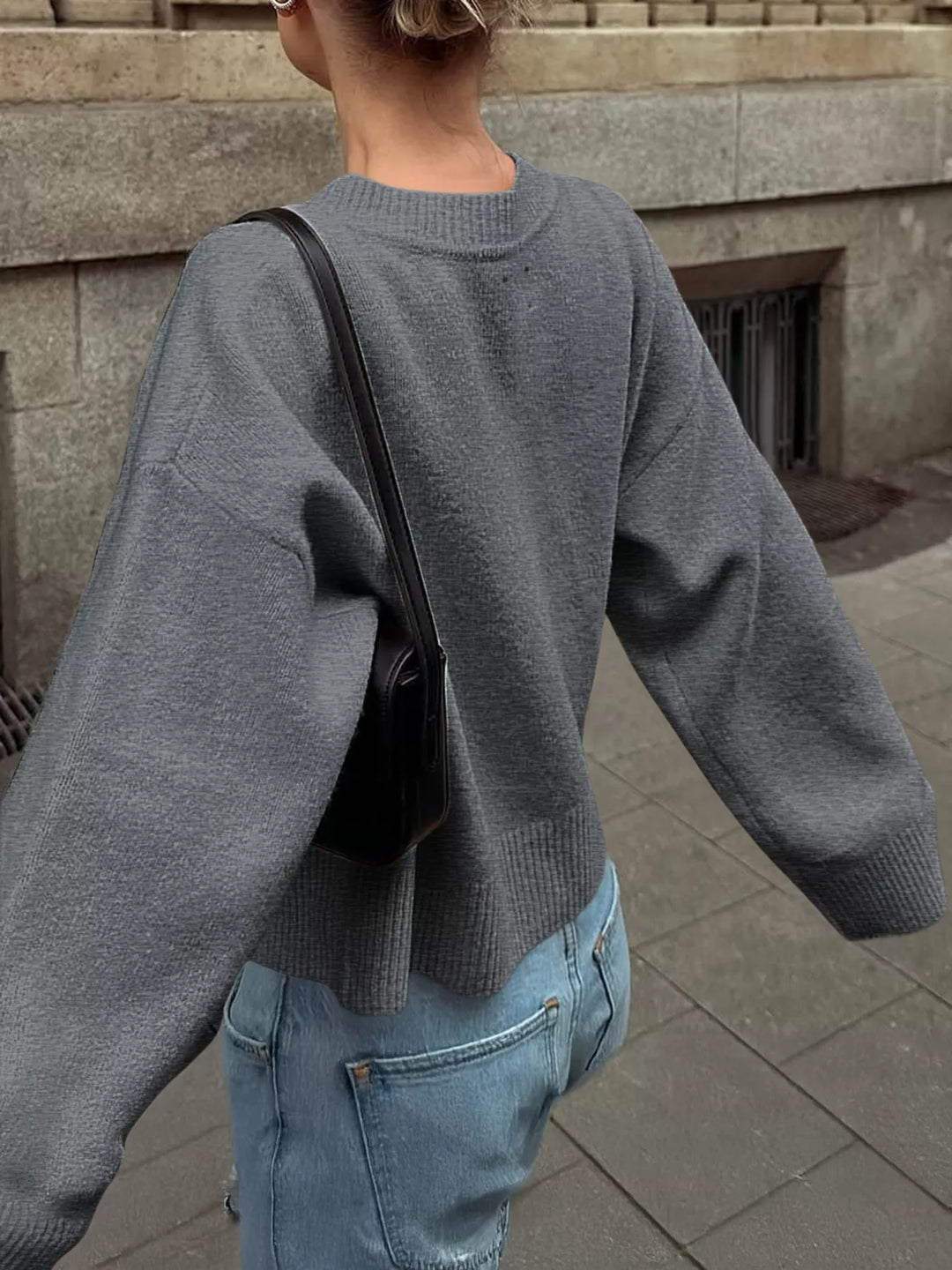 Ribbed Round Neck Dropped Shoulder Sweater
