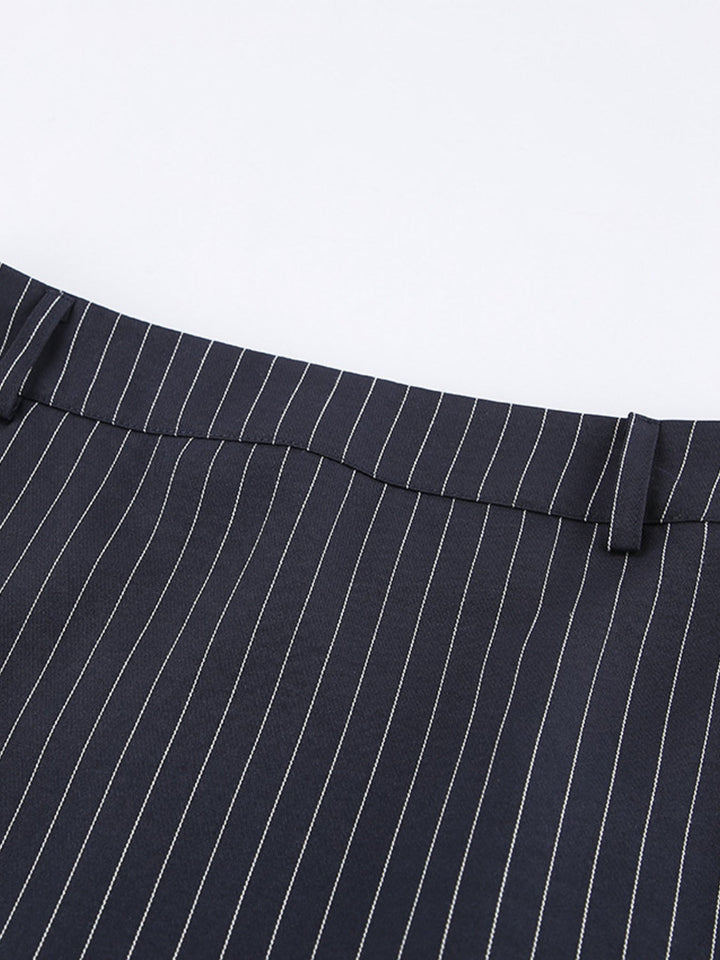 Striped Blazer & Mini Skirt Set with Neck Tie