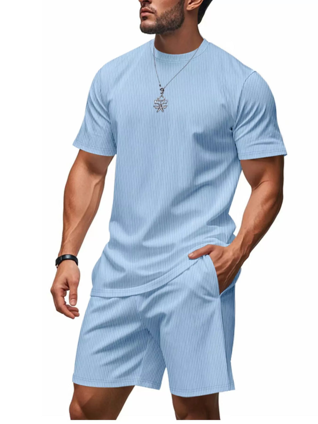 Men's Full Size Casual Striped Top and Shorts Set Plus Size