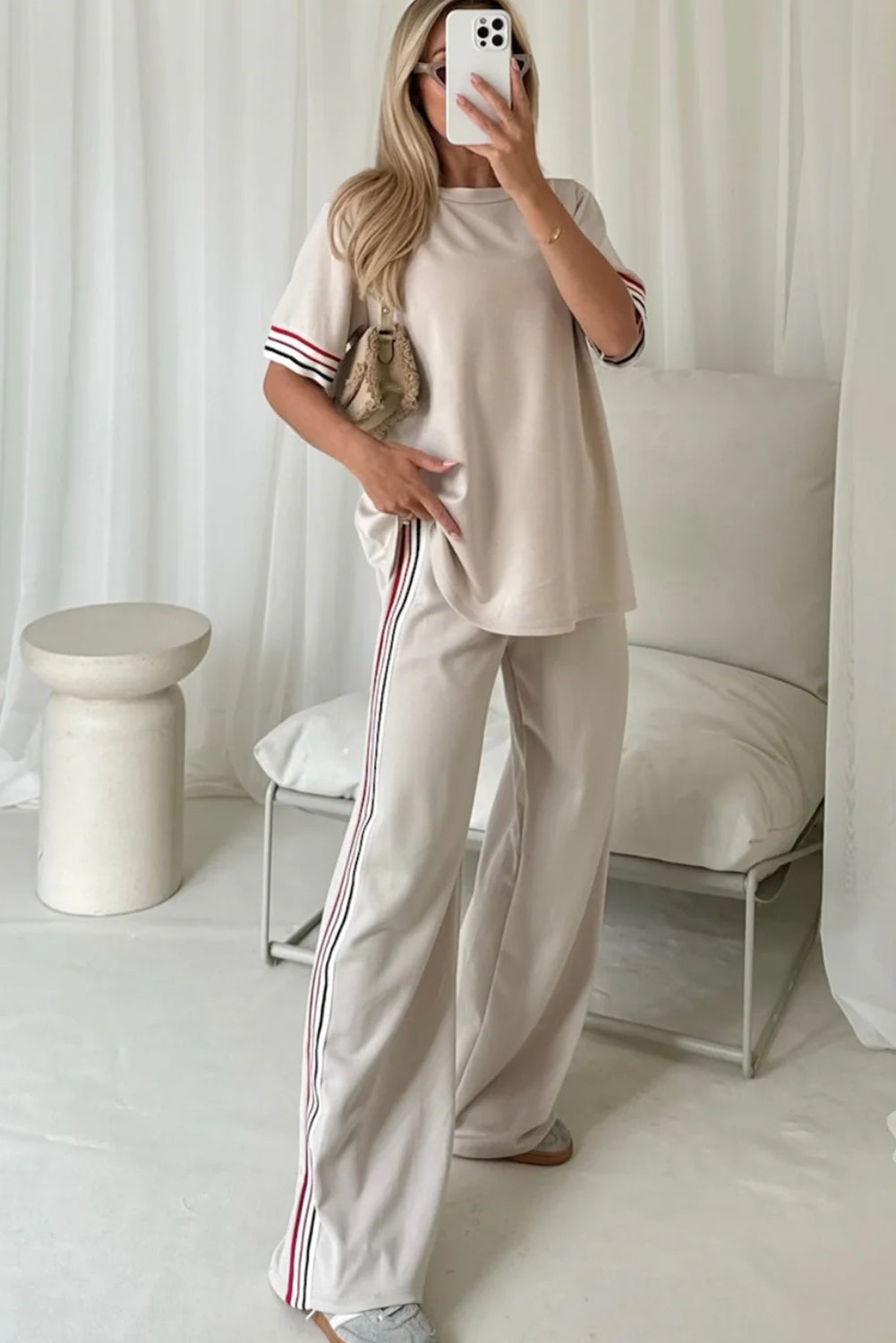 Jet Stream Contrast Striped Trim Crewneck T Shirt Loose Straight Pants Set