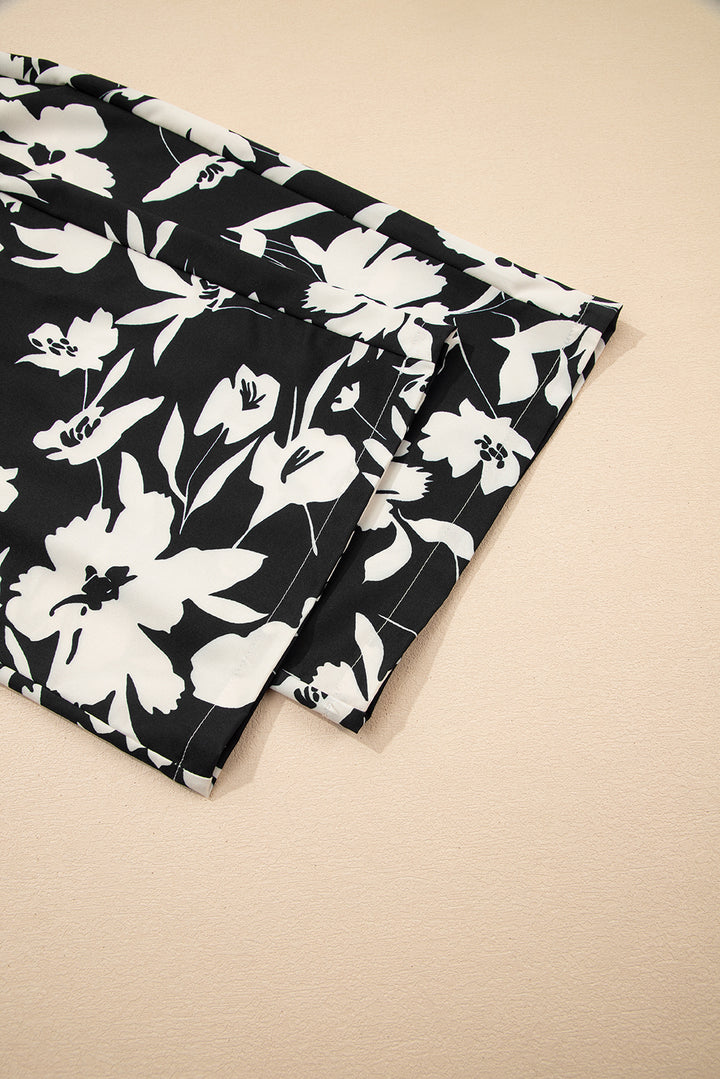 Black Floral Print Smocked High Waist Wide Leg Pants