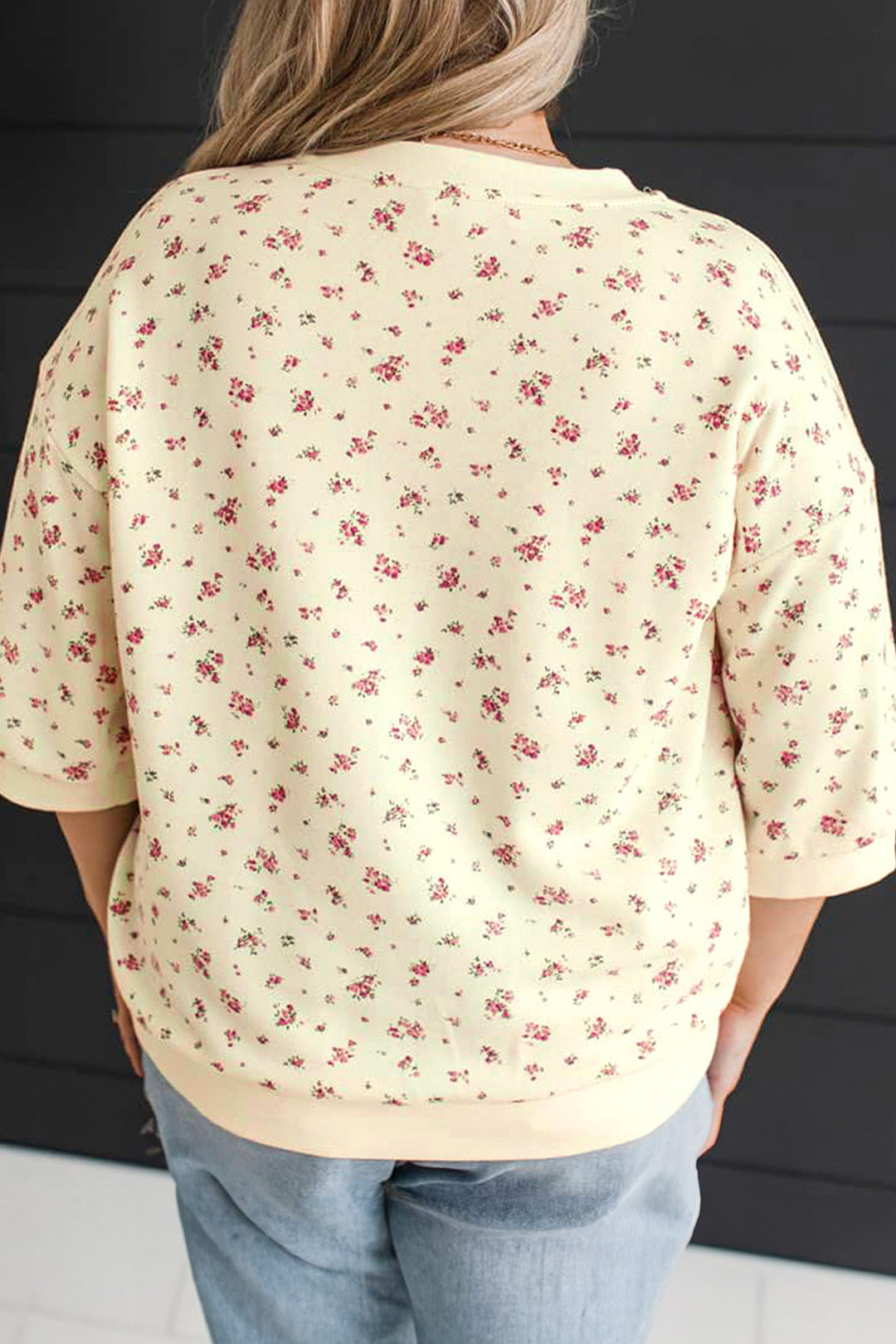 Beige Floral Print Colorblock Cuffs Hem Plus Size Blouse