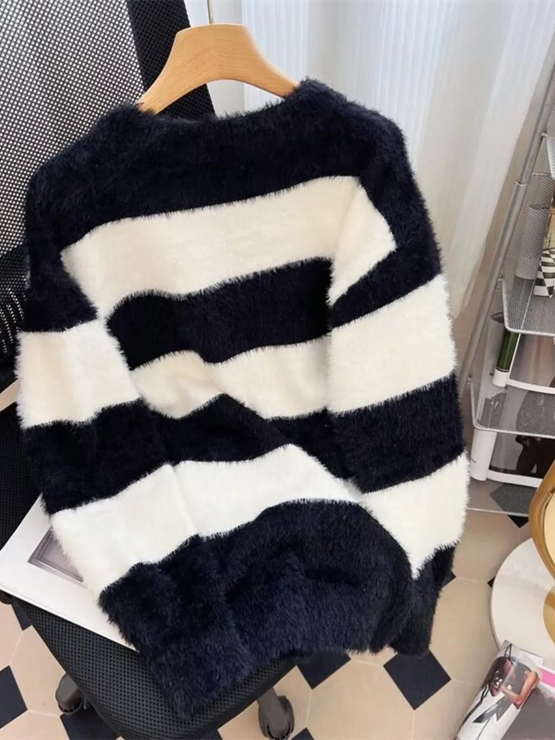 Men's Plus Size Striped Fuzzy Knit Pullover Sweater