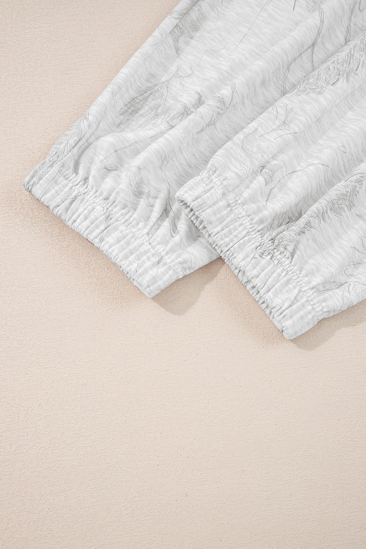 Light Grey Abstract Print Loose Drop Sleeve Hoodie Elastic Waistband 2pcs Pant Set