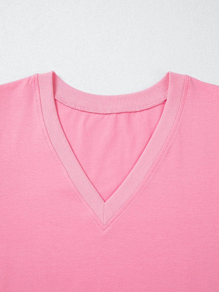 Solid Color V Neck Short Puff Sleeve Blouse