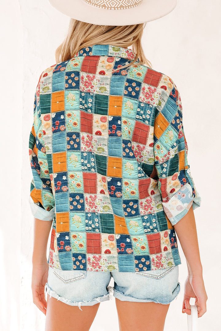 Sky Blue Floral Collared V Neck Roll up Sleeve Shift Blouse