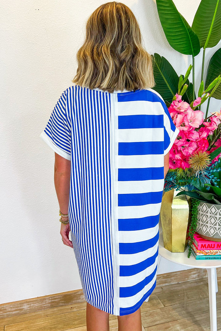Blue Stripe Mixed Printed Short Sleeve Shift Mini T Shirt Dress
